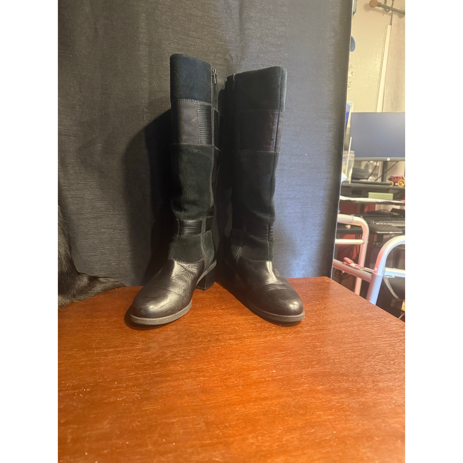 Clarks Nevella Nova Black Leather & Suede Tall Patchwork Boots 9m